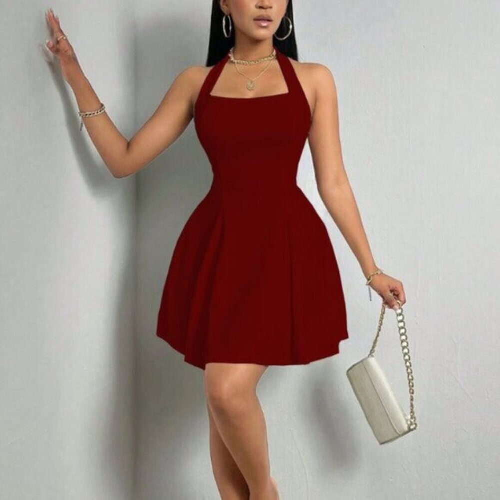 Women's sexy halter neck backless waist dress